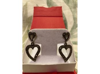 Vintage Sterling Silver Marcasite Dangling Heart-Shaped Pierced Earrings