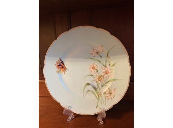 Antique French Limoges Haviland And Co Cabinet Plate - Green With Hand Painted White Flowers