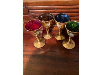 Vintage Set Of (4) Bohemian Glass Gold And Floral Enamel Cordial Glasses