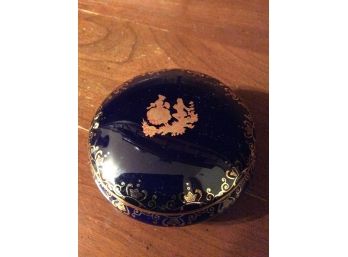 Vintage French Limoges FM Cobalt Blue Round Proposal Theme Covered Dresser Box