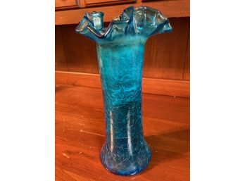 Colonial Blue Crackle Glass Vase Ruffle Rim