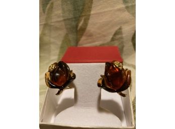 Vintage Gold Tone Simulated Tortoise Shell Rose Pierced Earrings