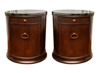 Pair Of Round Bernhardt End Tables With Granite Tops