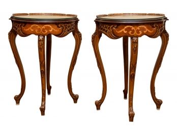 Pair Of Beautiful Antique Carved Wood Marquetry Inlay End Tables With Glass Tops