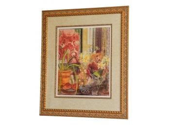 Beautifully Framed Colorful Print Depicting Plants, Florals, Jug And More