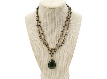 Double Strand Semi-Precious Stone Necklace With Pear Shaped Pendant