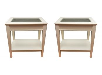 Pair Of White End Tables With Glass Tops