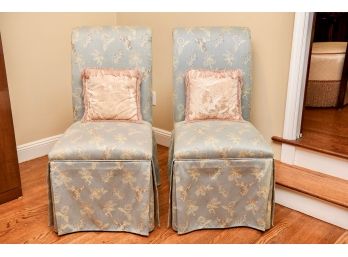 Pair Of Upholstered Skirted Parson Style Chairs With Complimenting Pillows