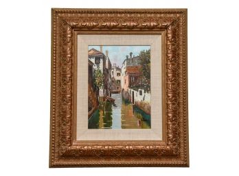 Signed Oil On Board Painting On Gilt Frame Of Flowing Waterway With Houses