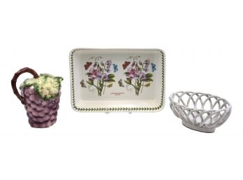 Portmeirion Casserole Dish, Portuguese Grape Pitcher And Open Weave Basket