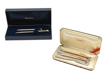 Tiffany & Co. Pen And Pencil Set And Pair Of Cross Gold-Plated Pens In Original Boxes