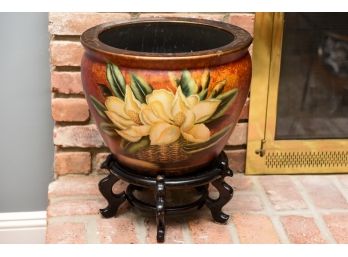 Hand Painted Floral Design Planter With Wood Base