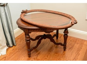 Antique Carved Wood Table With Removable Glass Tray