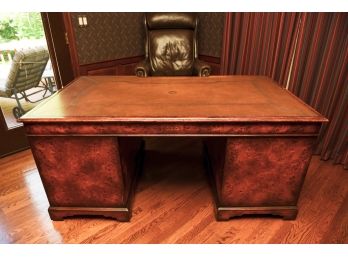 Theodore Alexander Poplar Burl Walnut Tooled Leather Top Partner's Knee Hole Desk (RETAIL $4,284)