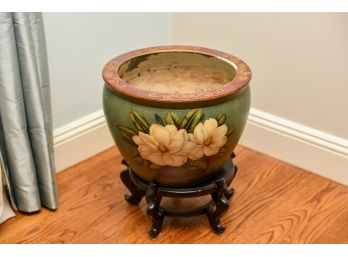 Hand Painted Floral Design Planter With Wood Base