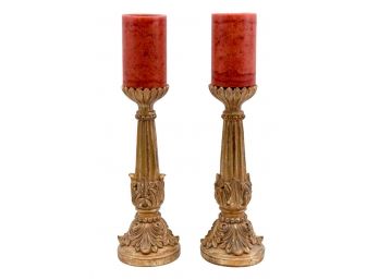 Pair Of Bombay Gilt Candlestick Holders With Candles