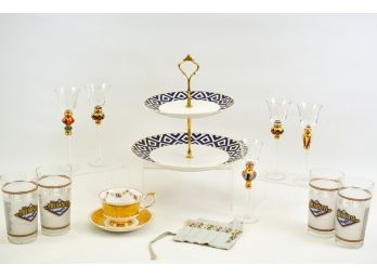 Grace's Teaware Two Tier Dish, Five Cordial Glasses, Four Beer Glasses, Six Cocktail Forks, Tea Cup And Saucer