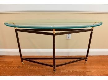 Beveled Glass Console Table With Metal Base And Brass Accents