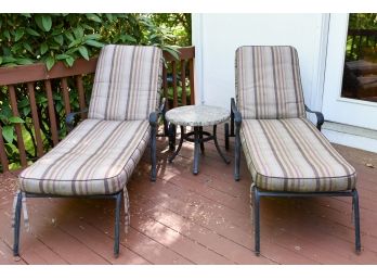 Pair Of Agio Phoenix Cast Aluminum Chaise Lounge Chairs And Round Stone Table