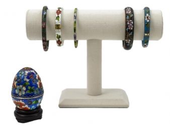 Set Of Five Cloisonne Bangle Bracelets And Cloisonne Egg Trinket Box With Stand