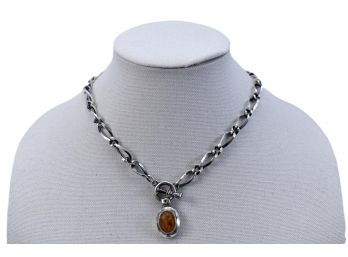 Sterling Silver Link Necklace With Amber Pendant