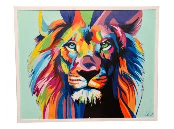 Signed Pop Art Oil On Board Lion Painting