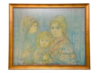 Signed Edna Hibel (American, 1917-2014) Fine Art Print Titled 'Hanna And Her Two Children' In Gilt Frame