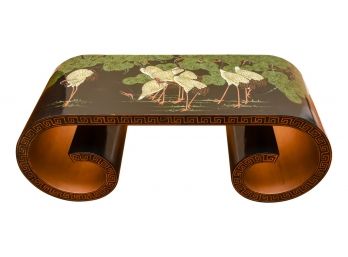 Japanese Black Lacquer Scroll Design Cocktail Table Featuring Red-Crowned Cranes