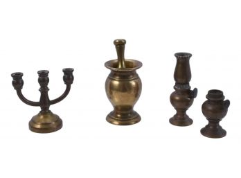 Vintage Brass Miniature Doll House Decor - Candelabra, Mortar & Pestle And Lantern