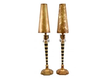 Pair Of Ballard Designs Harlequin Gilt Table Lamps With Hanging Glass Crystals (RETAIL $618)