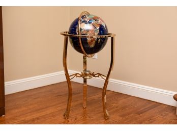 Floor Standing Blue Lapis World Globe With Compass On Brass Stand