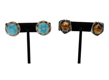 Signed Sterling Silver Turquoise And Tiger Eye Clip On Earrings