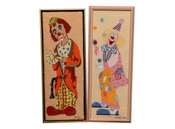 Pair Of Signed Vintage Framed Needlepoint Clown Pictures