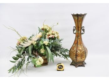 Pretty Decorative Faux Floral Arrangement And Decorative Metal Double Handled Vase