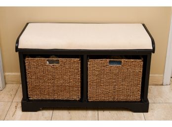 Bench With Cushion And Pair Of Wicker Storage Baskets