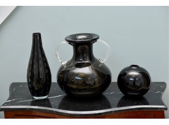 Large Black Onyx And Gilt Glass Double Handled Vase And A Pair Of Hand Blown Vases