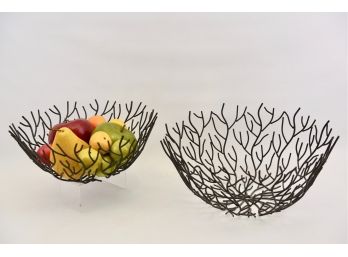 Pair Of Metal Branch Bowls With Assorted Wax/Plastic Decorative Fruits