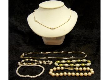 Vintage Lot Of Faux Pearl Bracelets And Gold Plated Necklaces