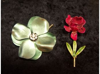 Vintage Costume Jewelry - Lot Of Two Metal Flower Brooches
