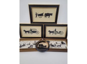 Vintage Framed Silhouette Art And Cross Stitch