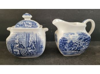 Vintage Liberty Blue Staffordshire Historic Colonial Scenes Paul Revere Creamer & Betsy Ross Sugar Bowl & Lid