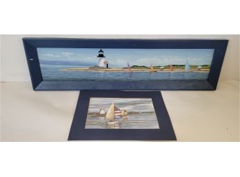 Framed Lighthouse And Sail Boats Art Decor