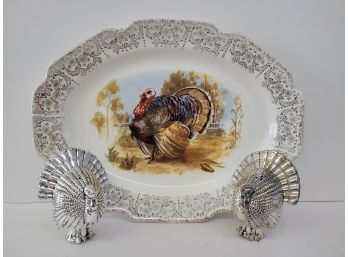 Vintage Turkey Platter With Turkey Salt And Pepper Shakers