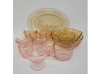 Vintage Yellow, Brown & Pink Depression Glass Mixed Lot