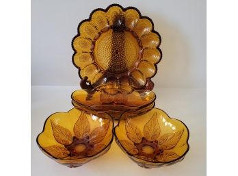 Vintage Indiana Amber Hobnailed Deviled Egg Plate With Serving Bowls