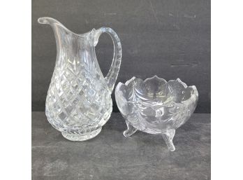 Heavy Lead Crystal Pitcher With Footed Christmas Tree Dish