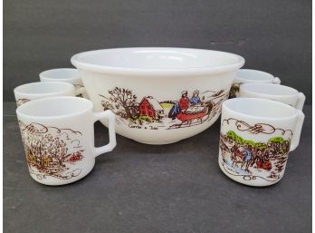 Vintage Anchor Hocking Punch Bowl And Cups