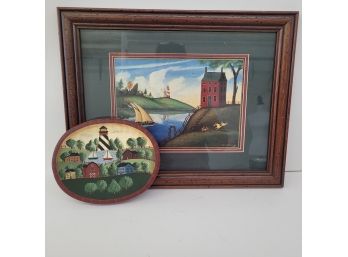 Framed Folk Art By D. Lacy Derstine & Hand Painted Wooden Plaque By Mari Anne Anderson