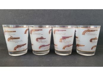 Gay Fad MCM Frosted Glass Drinking Glasses With Antique Pistols And Rifles Design