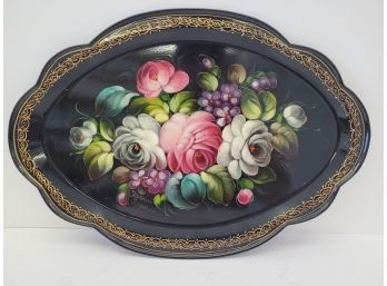 Vintage Black Oval Floral Toleware Tray